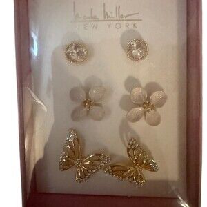Nicole Miller New York Stud Earrings 3-Pair Set Crystal Flower Butterfly